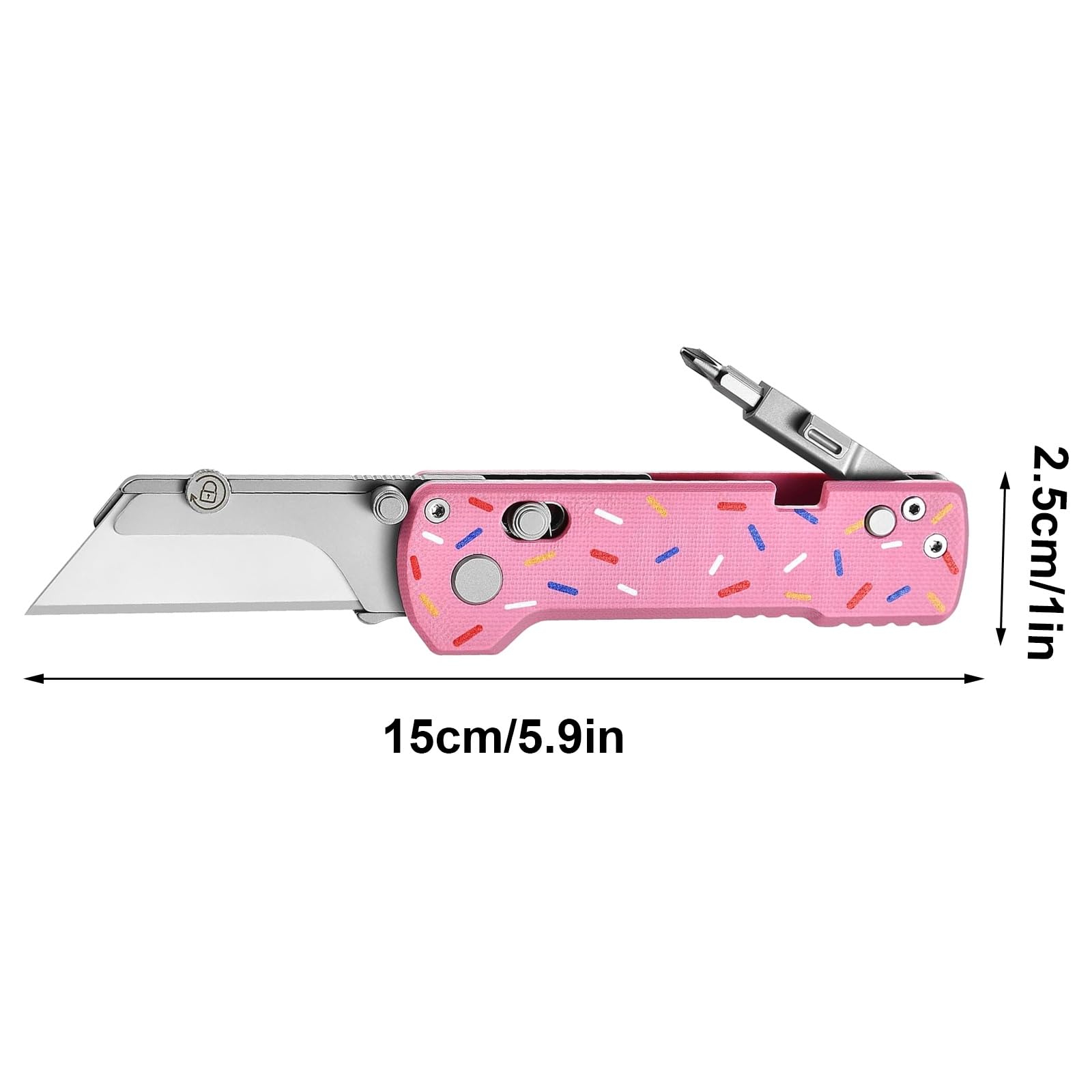 Cortador de Cajas Plegable Multiherramienta con Destornillador Plegable, Navaja Multiusos, Hoja de Cambio Rápido, Bloqueo de Riel, Clip de Bolsillo(Pink)