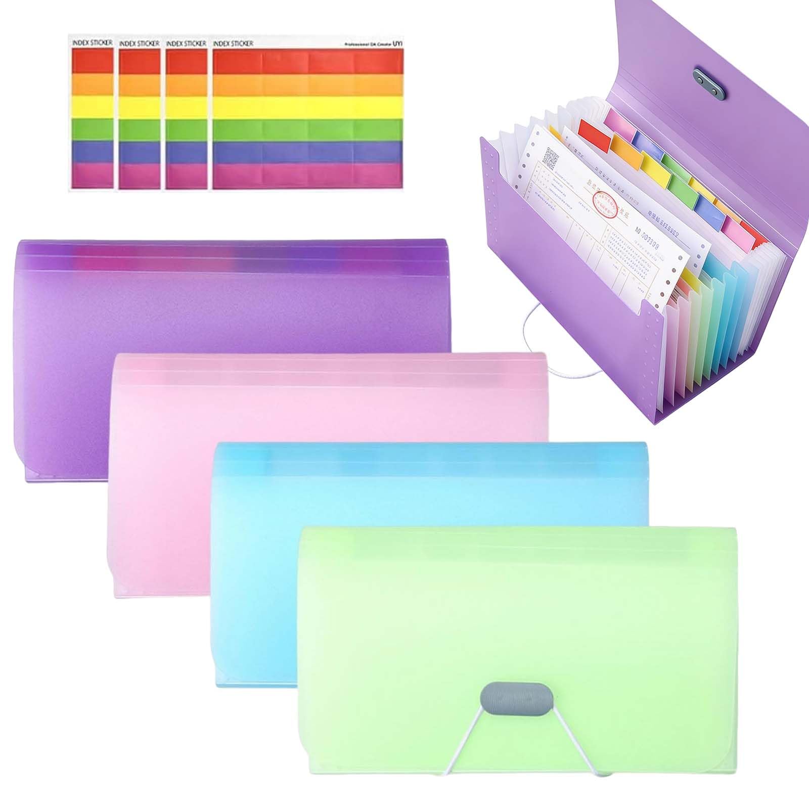 Expanding File Folder, 4Pcs Flash Card Holder, A6 Size Portable Accordion Folder with 13 Pockets File Organiser with Colored Tags for Cards Bills Coupons Receipt