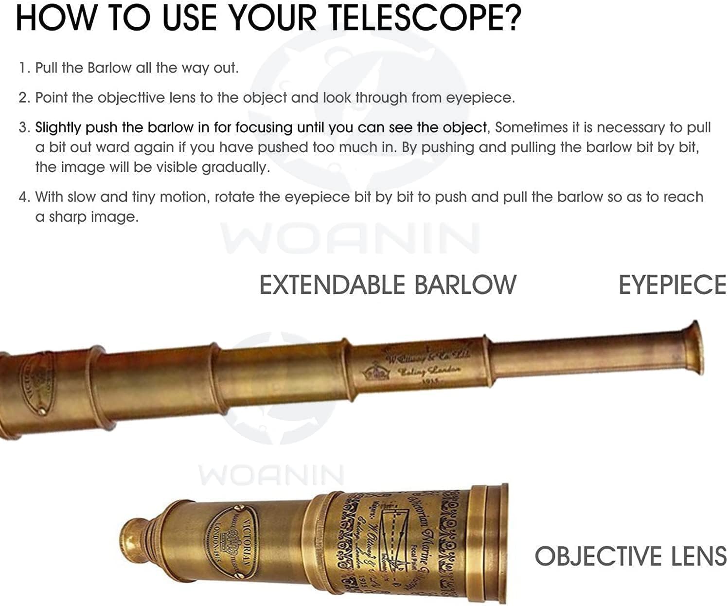 Brass Telescope Antique Telescope 1915 London Brass Maritime Vintage Nautical Spyglass Mounted Pirate with Leather Box, Monocular Nautical Decor for Gifting, Travellers