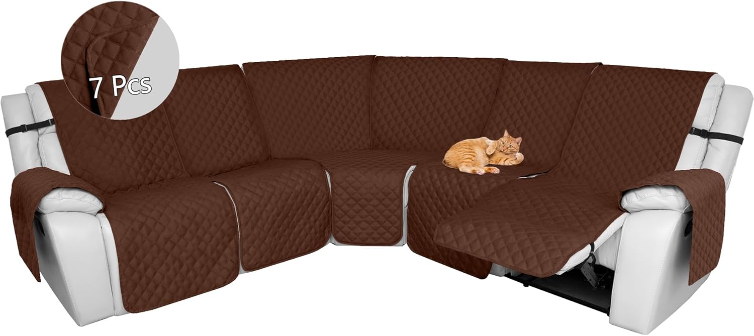HDCAXKJ Reclining Sectional Couch Covers L Shape Corner Recliner Sofa Cover 5 Seat Reversible Washable U Sectional Slipcover with Recliners Non Slip Pet Dog Furniture Protector (Coffee, Large)