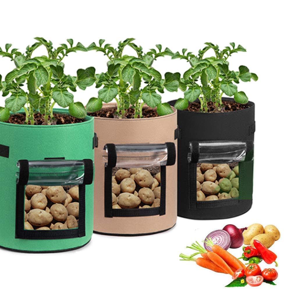 Tenrany Home3 Pack Plant Grow Bag, 10 Gallon Fabric Potato Growing Bags with Visualized Window, Large Vegetables Planters Pots Container for Garden Nursery Plants (10 Gallon, Multi A)