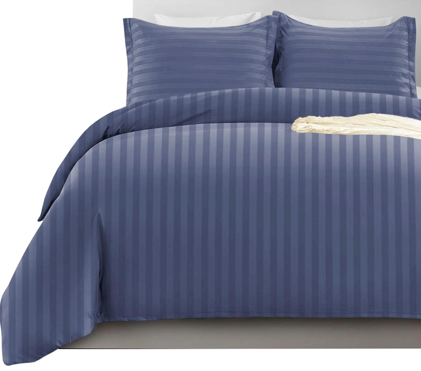 Imperial Rooms Super King Duvet Set Reversible Stripes Satin Bedding Set with Pillowcases Breathable Microfiber Duvet Covers (Washed Blue 260x220 Cm)