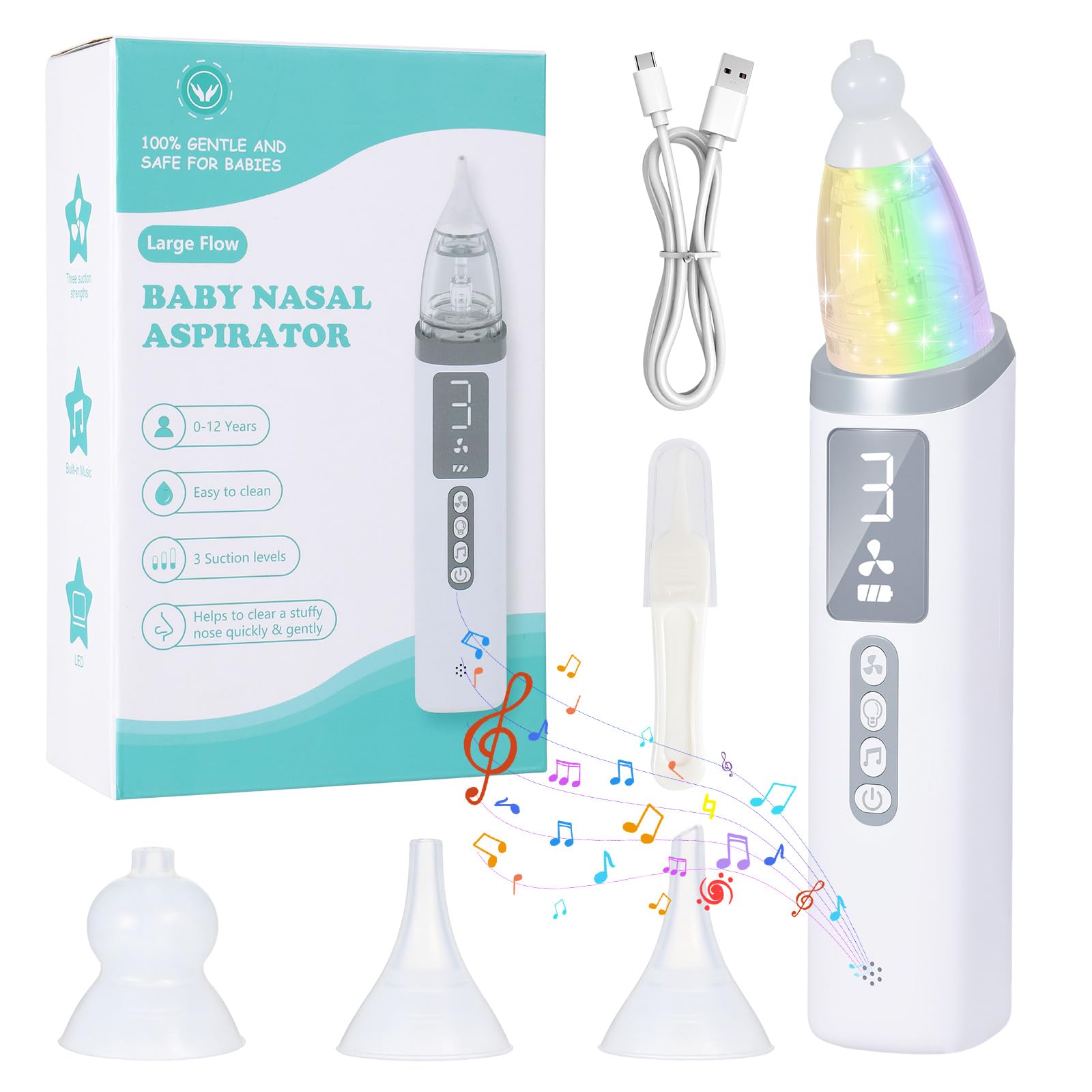 Aspiratore Nasale Neonato Elettrico Aspira Muco Bambini Portatile con 3 Livelli di Aspirazione e 3 Punte in Silicone Aspiratore Nasale Elettrico Ricaricabile USB-C con Musica e Luci per Bambini