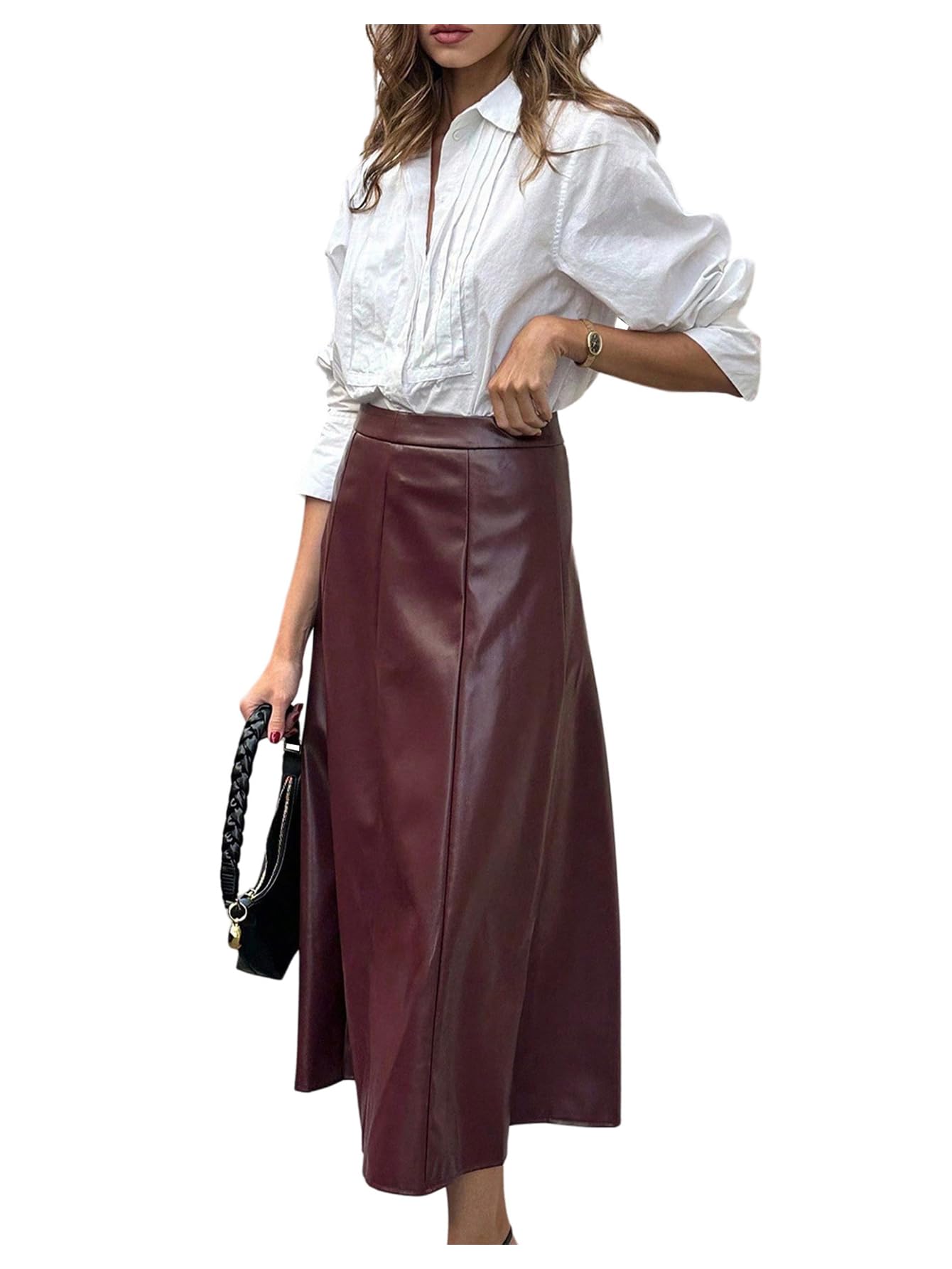 GORGLITTER Womens Faux Leather Maxi Skirt High Waisted Flared Fall Business Casual Work A Line Long Skirts