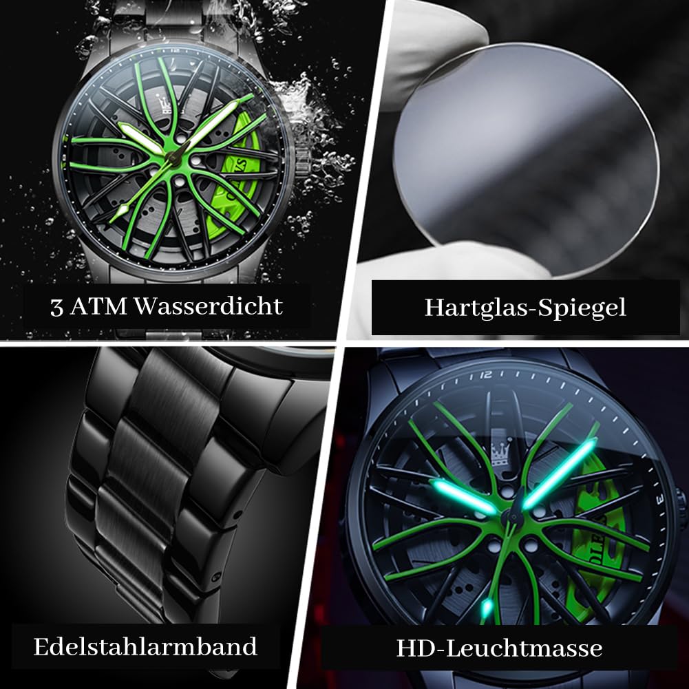OLEVS Herrenuhren Drehende Auto-Rad Quarzuhren Modischer Sport Edelstahl Herrenarmbanduhr Leuchtend Wasserdicht für Männer