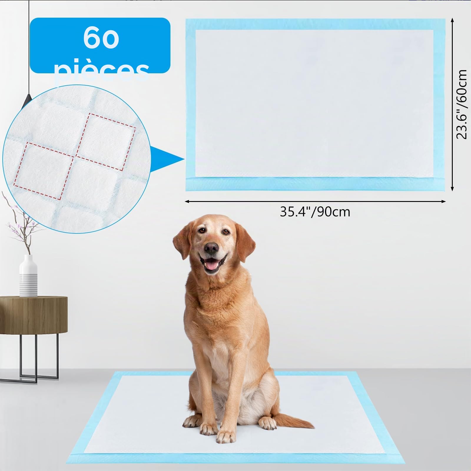 60 Pièces Alaise pour Chien, 90 x 60cm Alese Jetable, 5 Couches Tapis Educateur Chiot, Tapis Hygiénique Absorbant, Anti-Fuite et Séchage Rapide