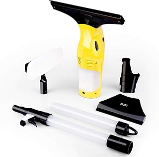 INTEY Aspirador de Ventanas 120ml, Limpiacristales con 2 Varillas Telescópicas，Boquillas 17/28cm, Duración Más de 35 Minutos 12W y 68 dB(A) Fuerte Succión