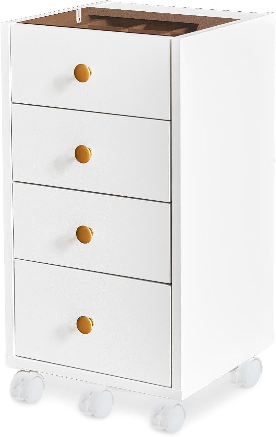 JanlyHome Small 4 Drawer Chest – Office Dresser Under Desk, Wood Storage File Cabinet with Glass Top, Mobile Printer Stand with Lockable Wheels for Home Office Study, White