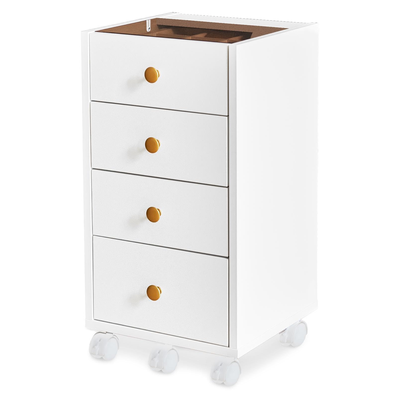 JanlyHome, piccola cassettiera con 5 cassetti, cassettiera da ufficio sotto la scrivania, armadietto in legno con piano in vetro, supporto per stampante mobile con ruote bloccabili, per casa, ufficio,