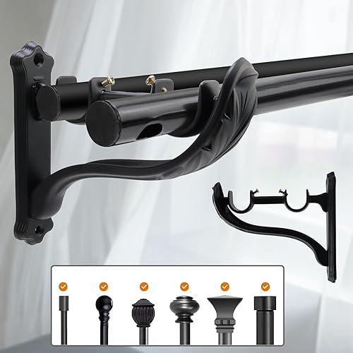 Miniatura 3 de 2 soportes de barra de cortina dobles, soportes de montaje en pared retro negros para cortinas de ventana con tornillo ajustable