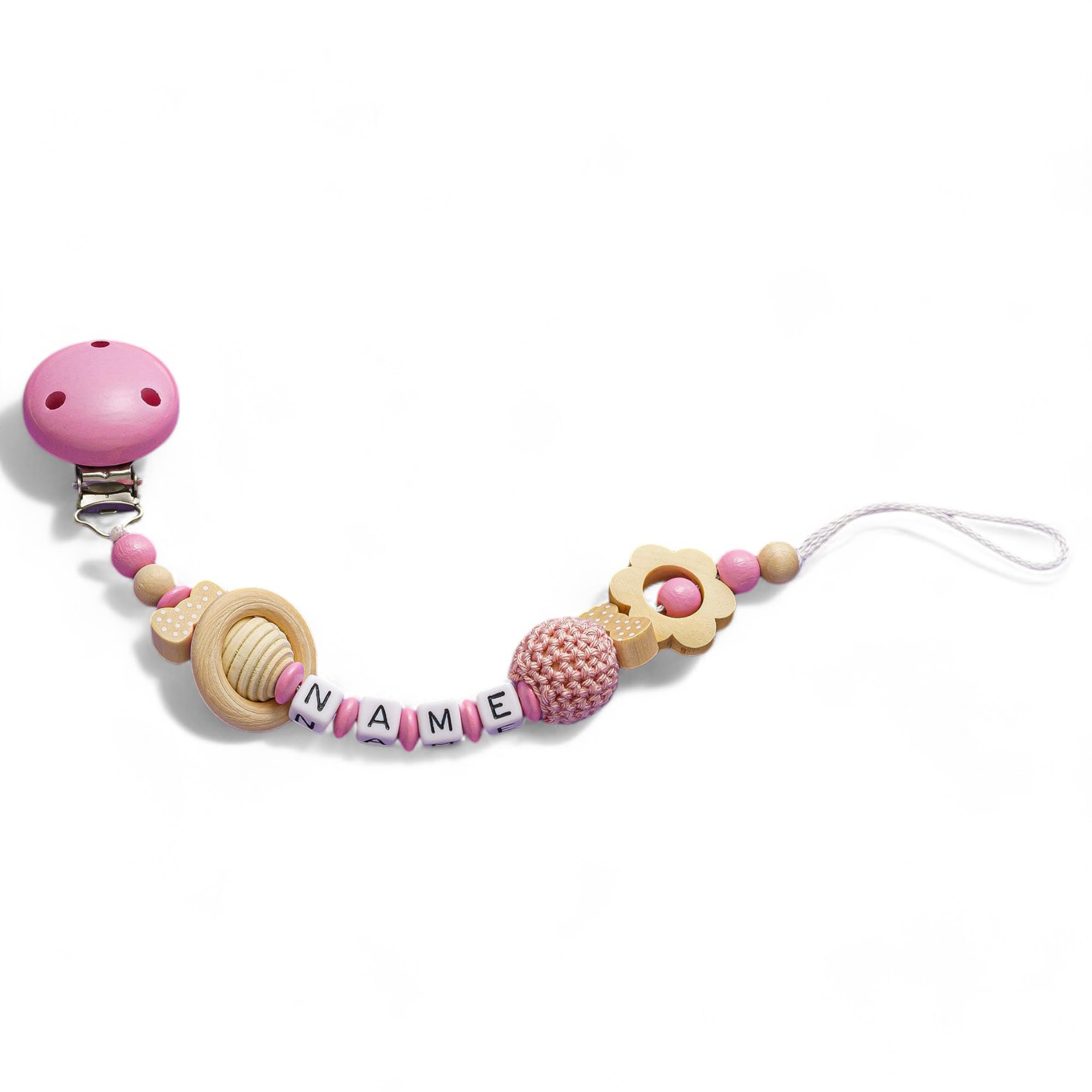 Schnullerband mit Namen für Mädchen & Junge mit Ihrem Wunschnamen - verschiedene Modelle - in DE erstellt (Rosa (Blume 2))