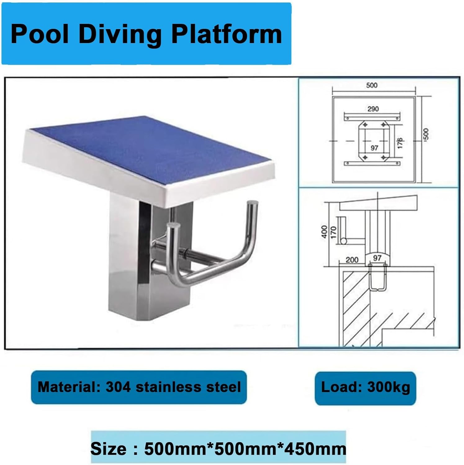 Diving Platform Board, Stainless Pool Jumping Platform, Anti Slip Rubber Surface, Competition Diving Board Deck, Load Capacity 660 Pounds