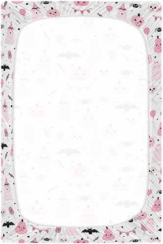 Miniatura 2 de Aslsiy Sábana bajera ajustable para cuna de Halloween con diseño de calabaza rosa para bebé, lindos fantasmas, para guardería, para niños y niñas,