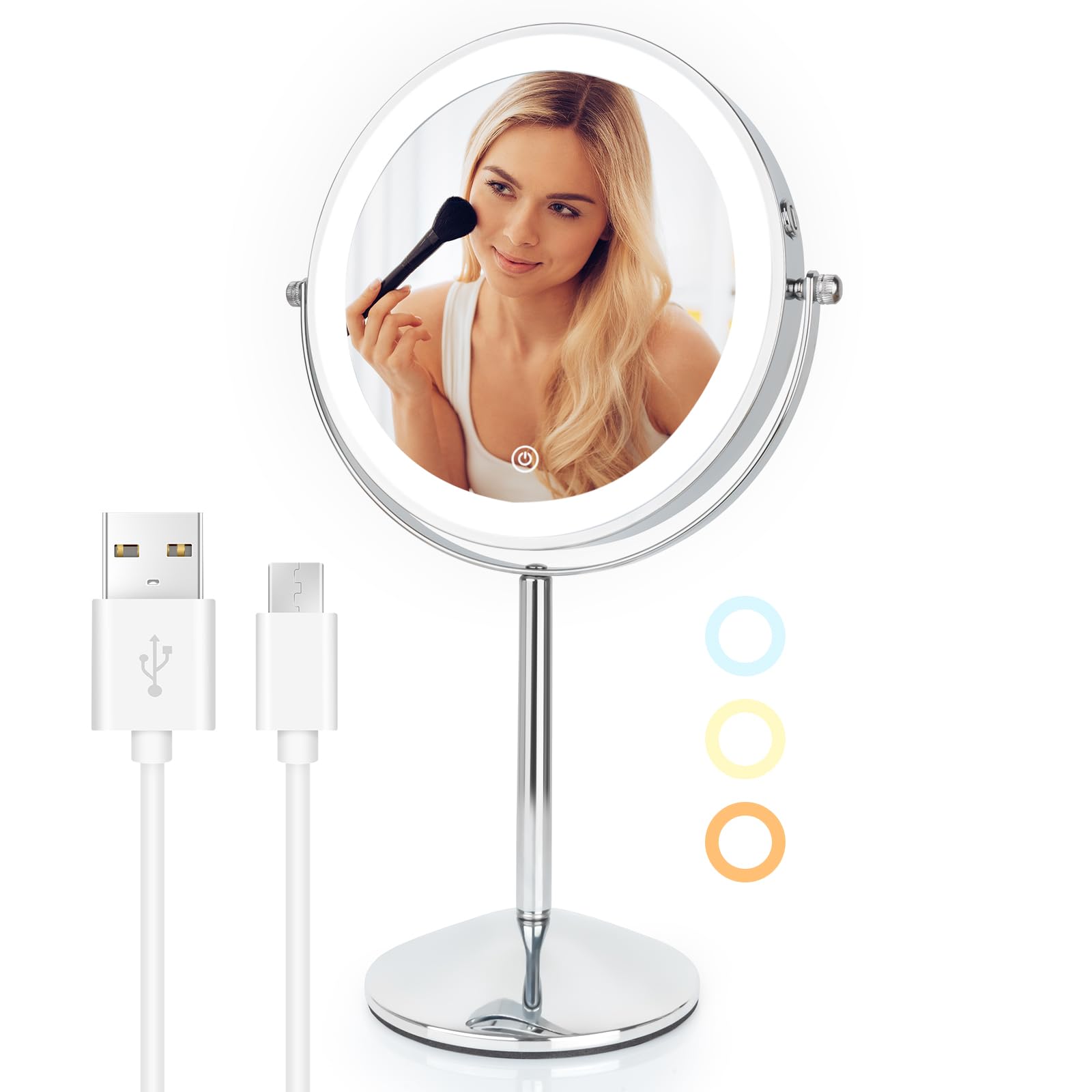 8" Makeup Mirror with Lights, Rechargeable 1x/10x Magnifying Mirror with 3 Colors, 360° Rotation Double Sided Rechargeable Desk Cosmetic Mirror, Touch Dimming LED Lighted Makeup Mirror