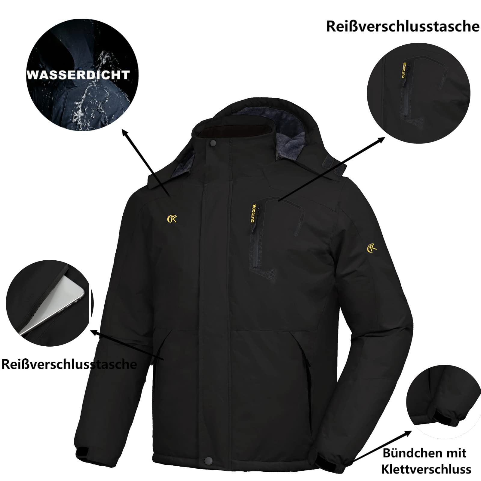 geeksport Homme veste de ski imperméable de montagne Manteau d'hiver extérieur en polaire coupe-vent avec capuche