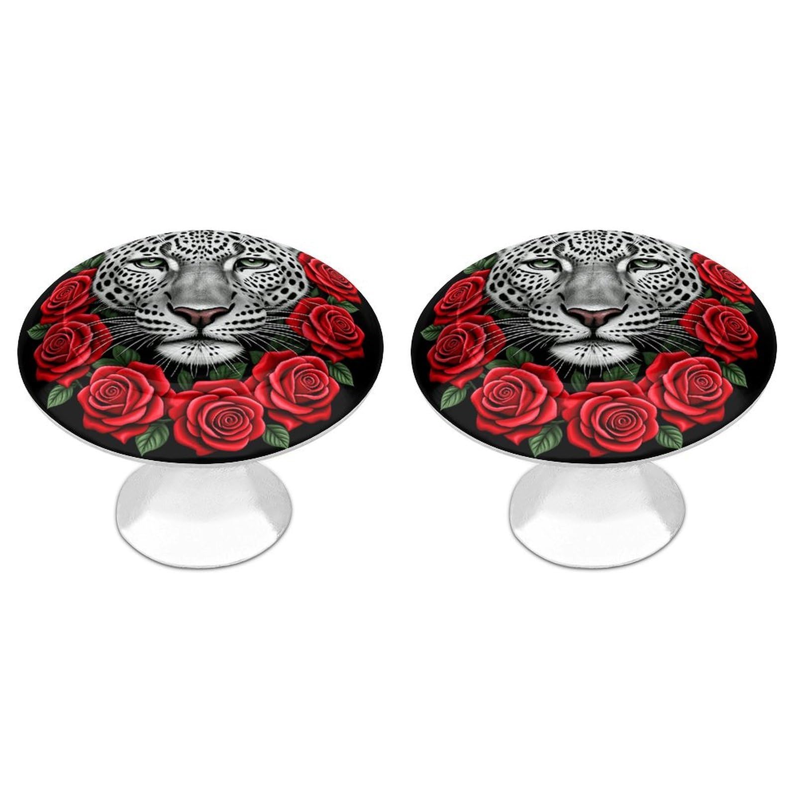 Fodpand White 2 Pack Cabinet Knobs 1.1 Inch Single Hole Drawer Pulls Handles Decorative Red Rose Cheetah Furniture Knobs For Dresser Kitchen Bathroom Cupboard Wardrobe Vanity Closet Door Hardware