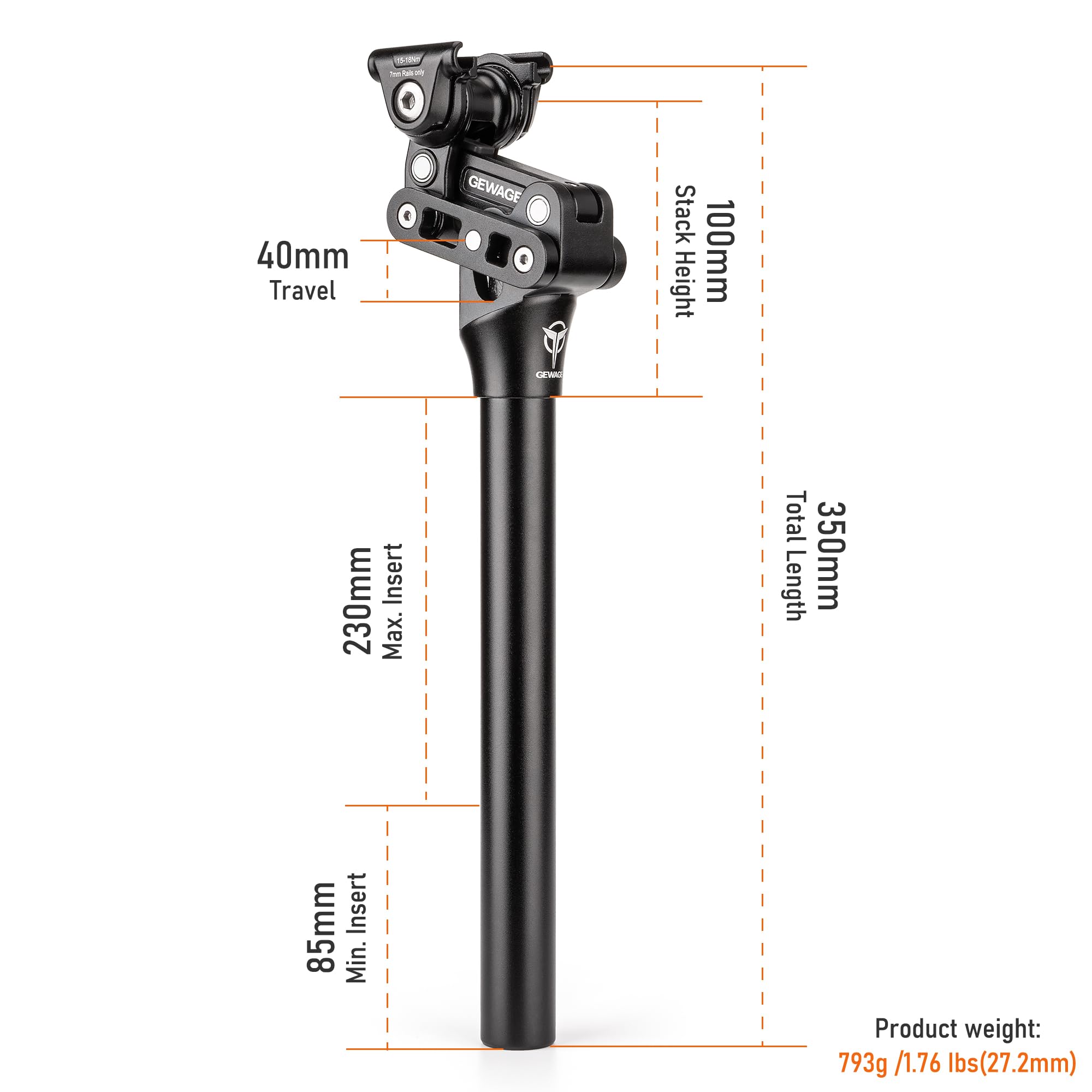 GEWAGE Sattelstütze Gefedert 350 mm, Parallelogramm Federsattelstütze mit 40 mm Federweg, Gefederte Sattelstütze aus 6061 Aluminium, für E-Bike, Trekkingrad, MTB, Citybike