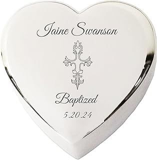 Crezusvo Personalized Baptism Gifts for Girl, Heart Jewelry Keepsake Box with Custom Engraved Cross and Name and Date, Silver Toned
