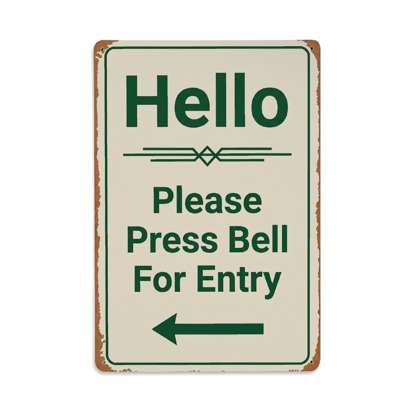 Vintage Hello Please Press Bell For Entry Arrow Geometric Metal Tin Sign