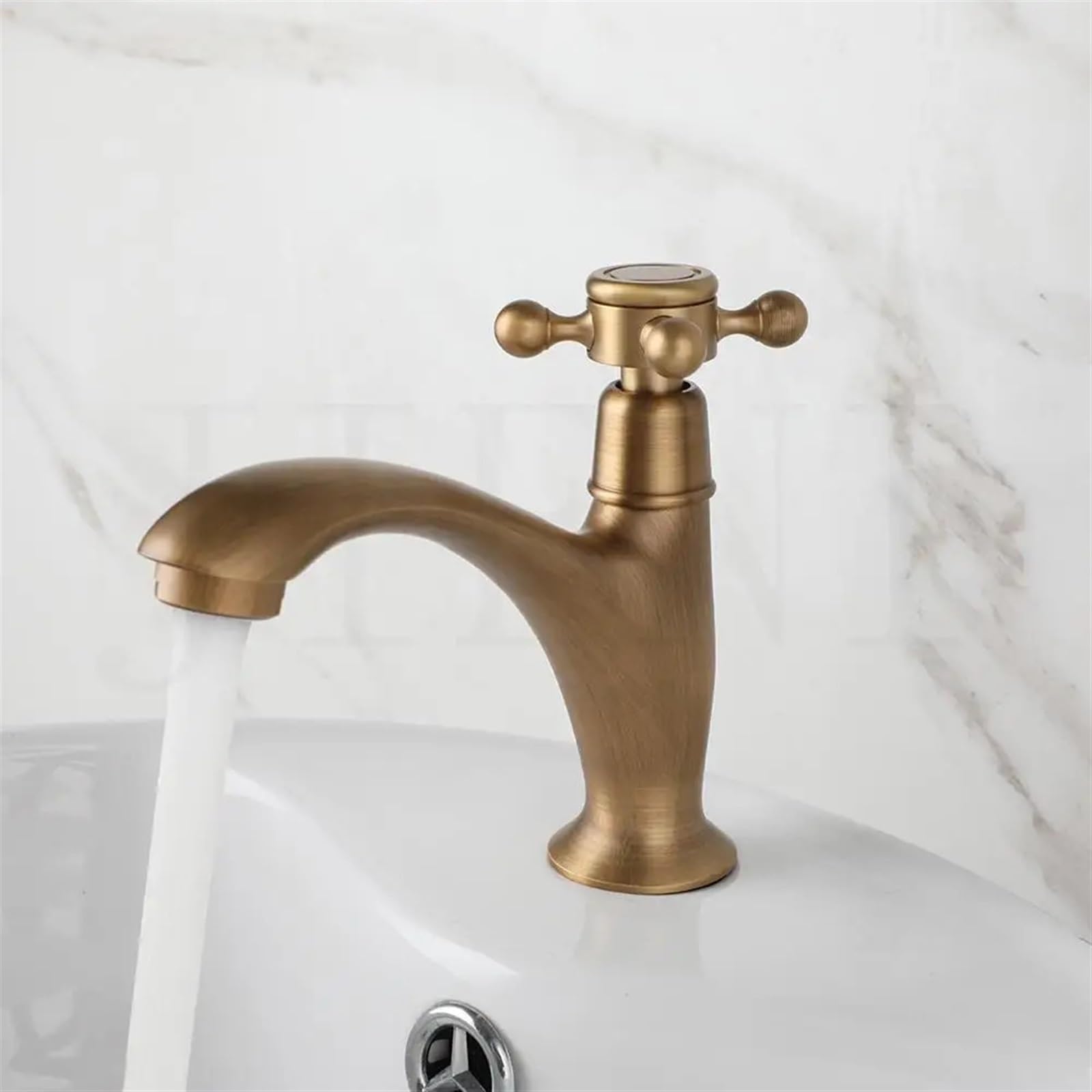 Robinet Salle Bain Robinet de lavabo de Salle de Bain en Laiton Antique, poignée croisée, contrôle de Rotation, Sortie d'eau Froide Unique, robinets de Baignoire montés sur Le Pont