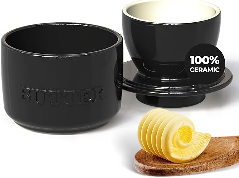 French Butter Crock - Black - Ceramic Butter Container that Maintains Butter Fresh and Spreadable, Farmhouse Style for Countertop Decor