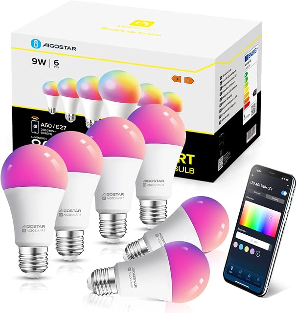 Smart Bulb E27, Aigostar Alexa Light Bulb, WiFi Smart Bulb 9W RGBCW LED Colour Changing Light Bulb Compatible with Amazon Alexa and Google Home,Sync to Music, Dimmable, No Hub Required, 6 Packs