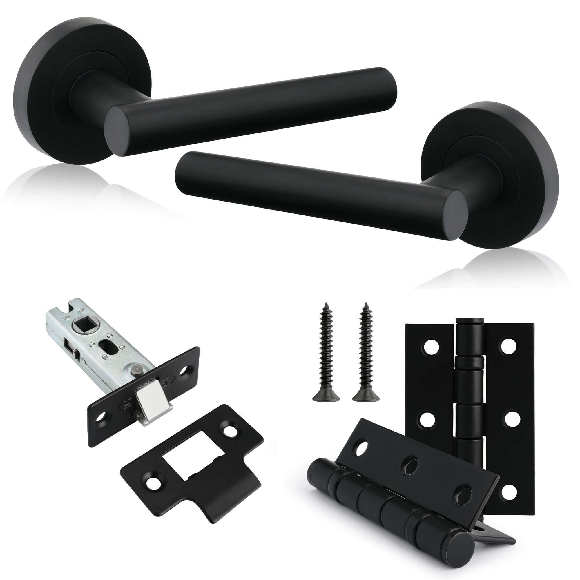 Xfort Matt Black Liberty Door Handle Latch Pack Includes Liberty Lever On Rose Door Handles, 65Mm Tubular Latch & 2 Hinges, Complete Internal Door Handle Set