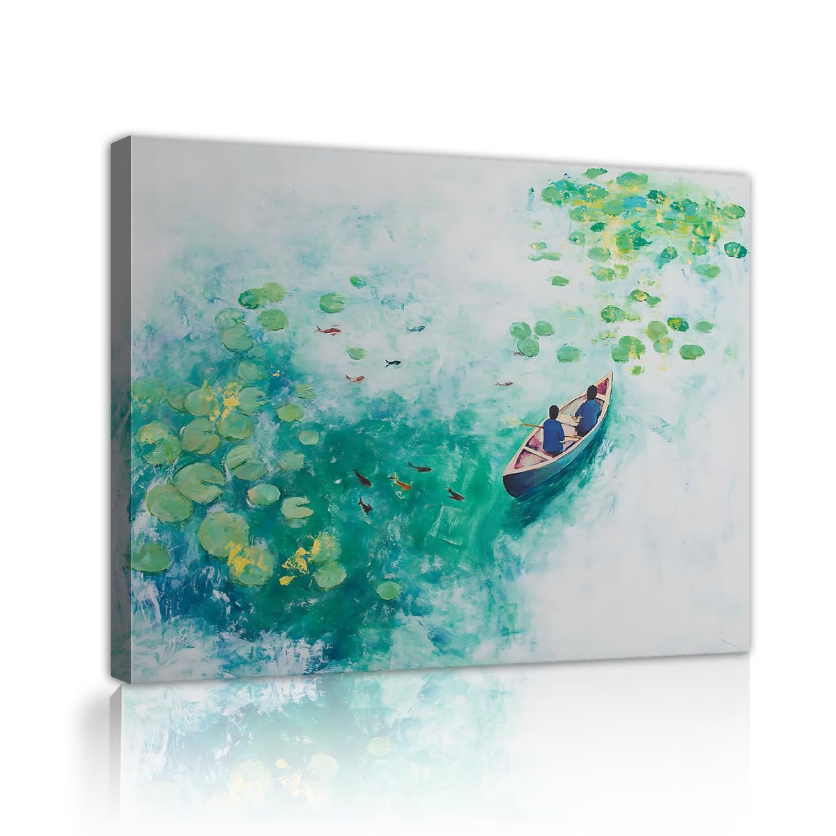 SHENGPOSTER Minimalist Lotus Pond Canvas Wall Art Koi Fish Lake Painting Vibrant Green Lily Pad Wall Poster Abstract Romantic Nature Artwork Pictures Innerframe 50x65cm