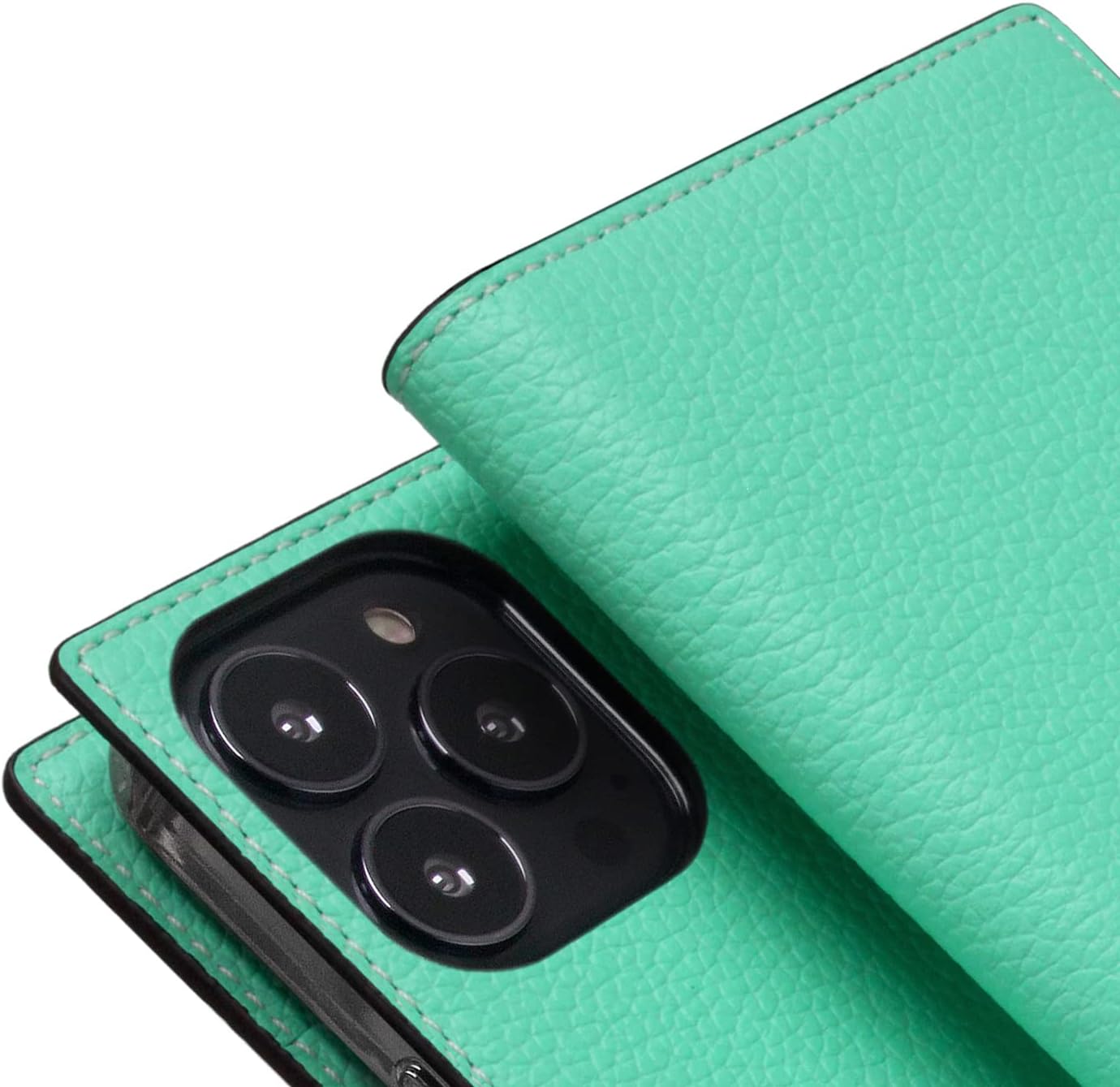 SLG D8 Neon Full Grain Leather Wallet Case for iPhone 14 Pro - Handcrafted Diary Style with Card Holders and Side Cash Pocket, Gift Box Included (Teal)