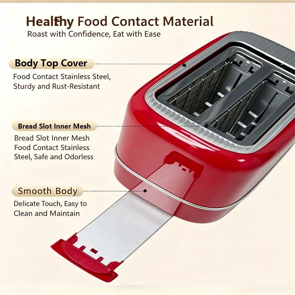 Toster na 2 kromki, 750 W, 7-stopniowa regulacja prędkości, szeroka konstrukcja gniazd, toster kempingowy, bardzo szerokie szczeliny 35 mm, automatycznie wysuwane tostery do domu(Red)