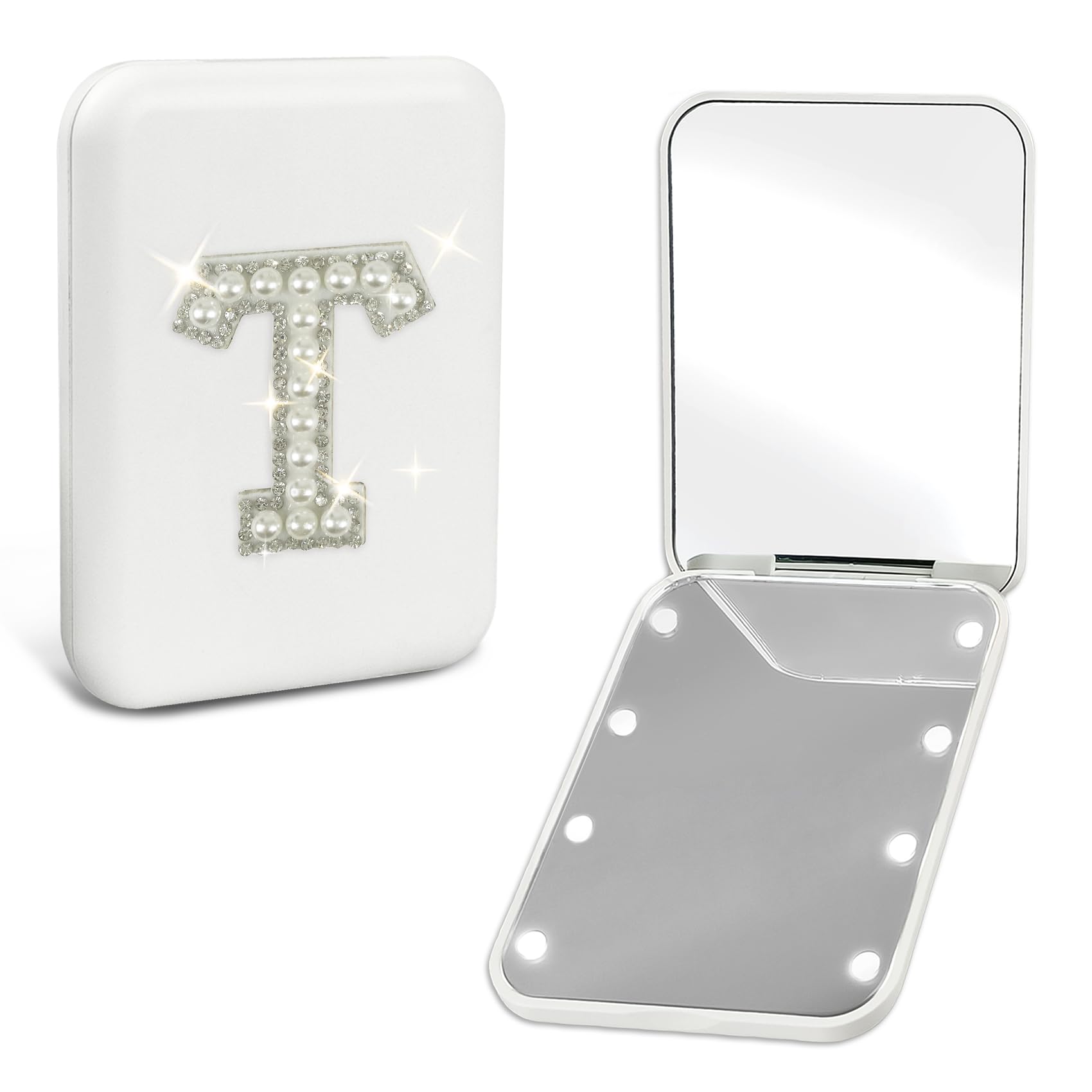 Initial Letter Travel Mirror with Lights 1X 2X Magnification LED Compact Mirror Small Pocket Mirror Folding Handheld Makeup