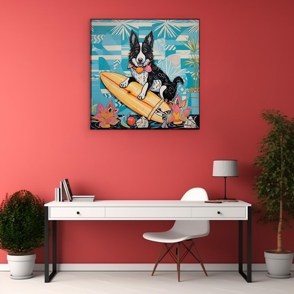 Canvas for Living room. Surf's Pup: A Canine Adventure on a Yellow Board Amidst a Tropical Mosaic, 27 x 18 inch Canvas Wall Art - Ready to Hang - 69x46 cm (27x18 inch)