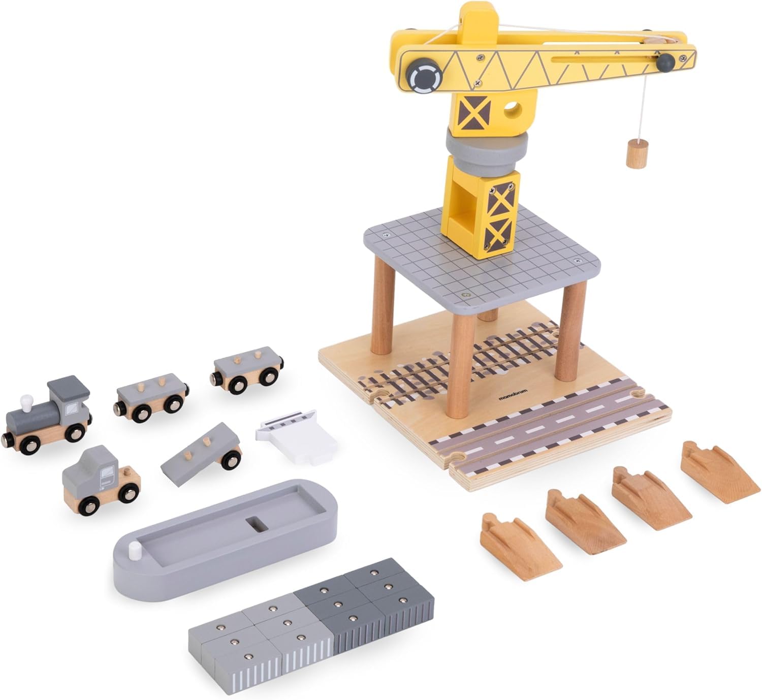 Mamabrum GRÚa Portuaria de Madera con Imán y Accesorios - Juguete Educativo Similar a Lego Duplo - Camiones de Juguete para Niños - Tractor y Remolque 24x34x35cm