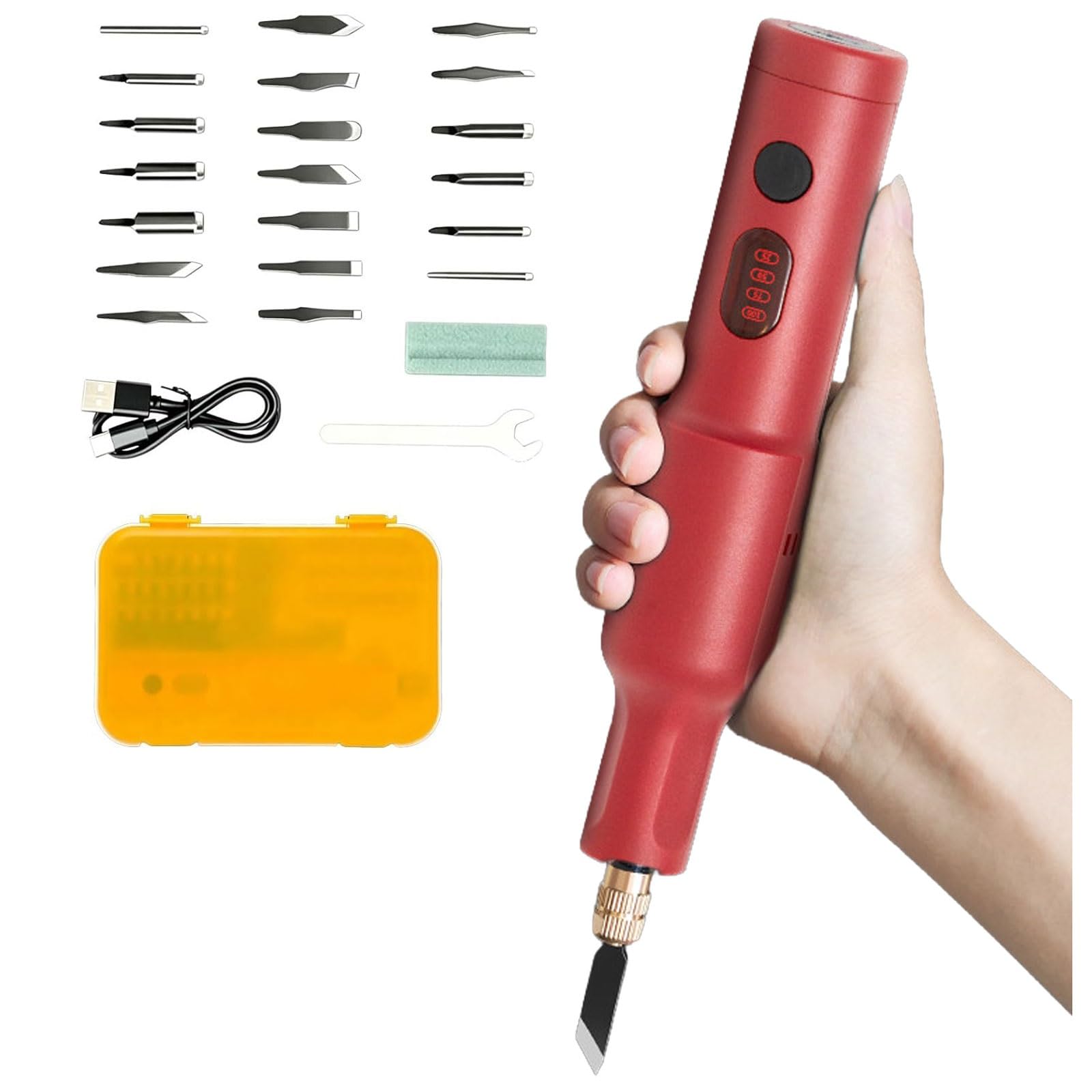 Qyoegsq Red Handheld Wood Carving Machine,40W Electric Carving Knife Set With 20Pcs Replaceable Blades,Rechargeable Engraving Chisel,For Woodworking,Diy Plaster Sculpture(Red)