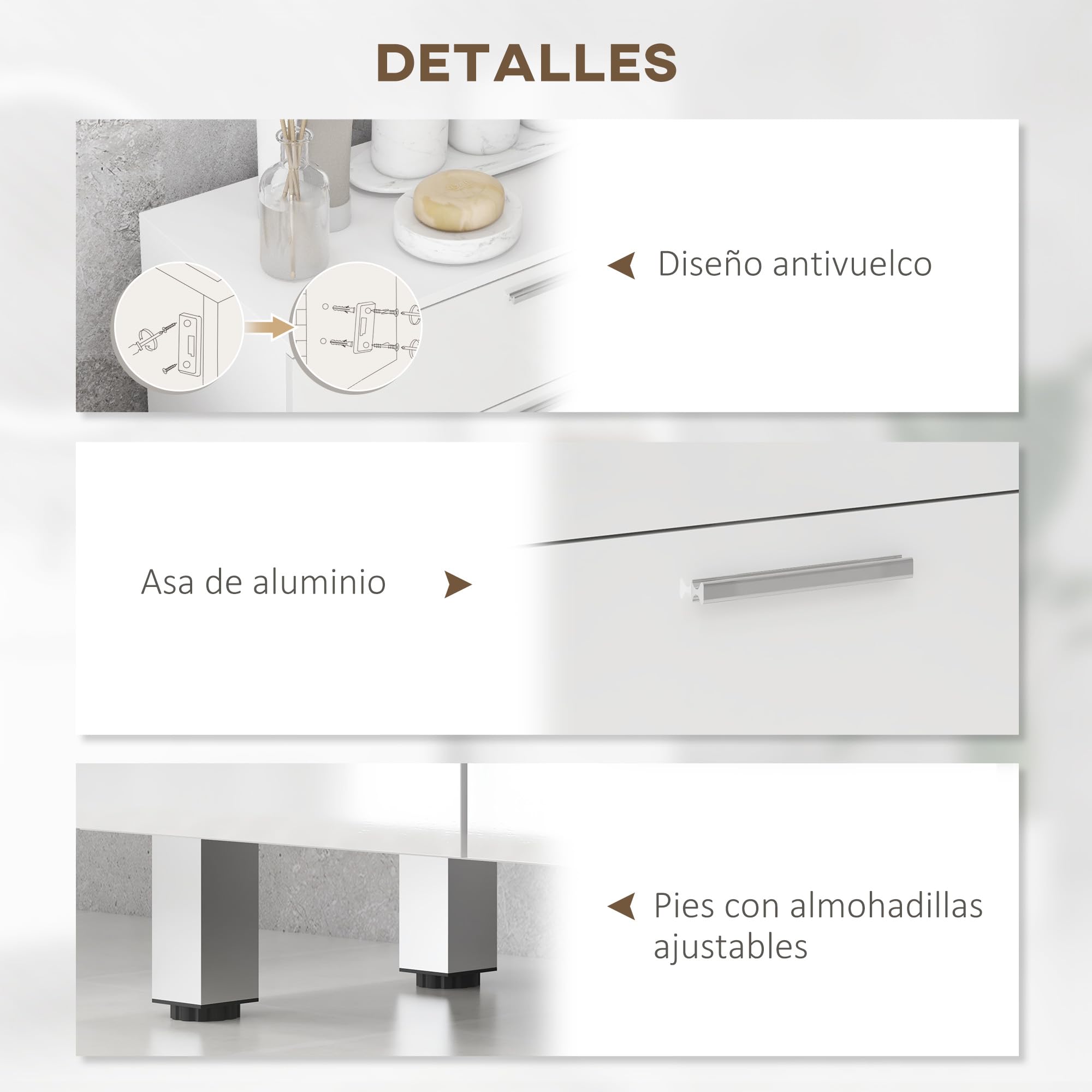 kleankin Mueble Auxiliar Baño Moderno Mueble de Baño con Estantes Ajustables y 2 Cajones Armario Mueble de Almacenaje para Dormitorio Salón Antivuelco Blanco Brillo Carga 35 kg 60x30x93 cm