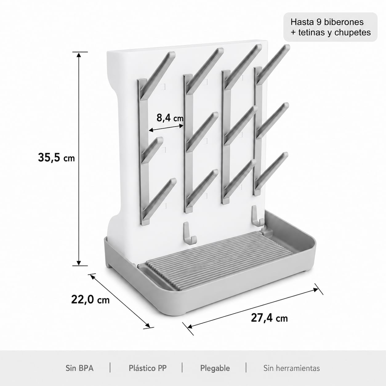 Almar Baby Escurridor de Biberones Plegable Gris y Blanco – Soporte Portátil para Botellas y Accesorios de Bebé, Ideal para Viajes y Salidas, Compacto con Bandeja Antigoteo