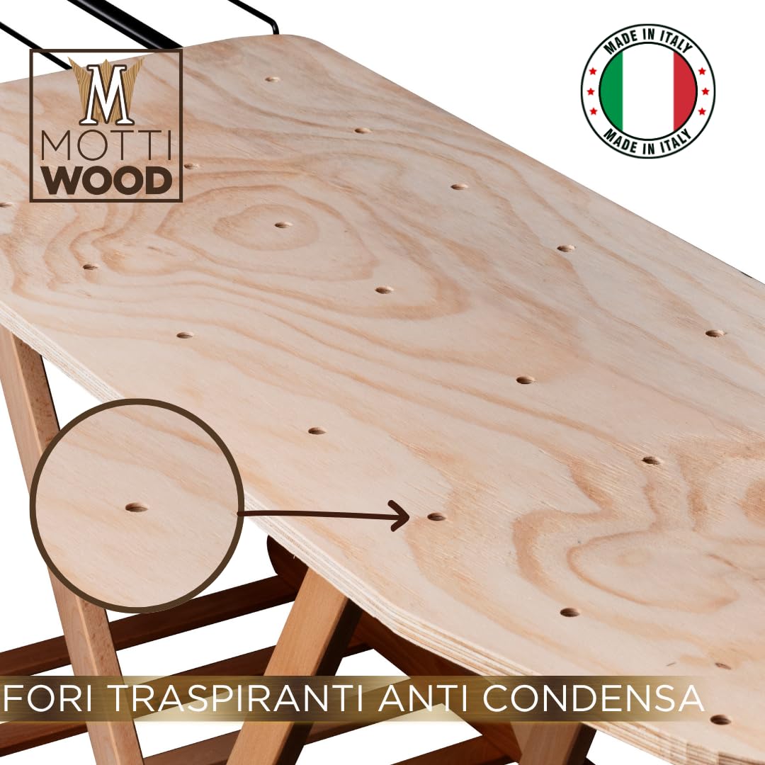 Asse da Stiro Premium, 100% Legno Massiccio di Faggio, Tavola da Stiro con Fori Traspiranti, Pieghevole, 3 Posizioni, 143x37,5x93,5, Made in Italy