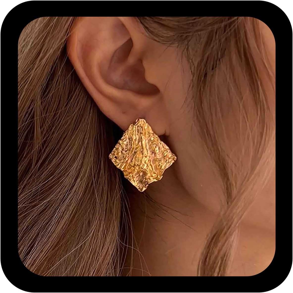 Andelaisi Boho Square Stud Earrings Vintage Textured Square Earrings Gold Geometric Squares Earrings Personalized Irregular Squares Earrings Jewelry for Women