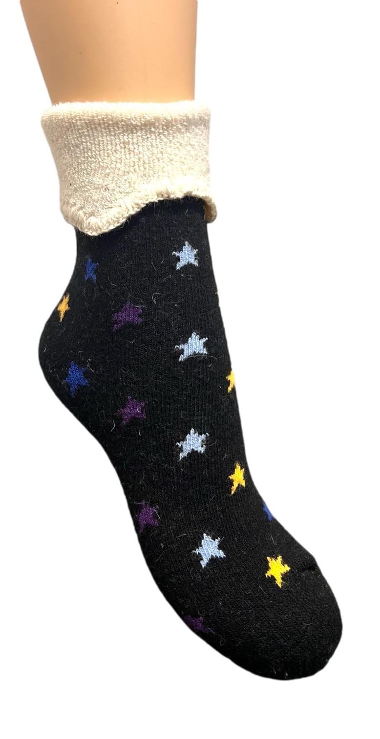 Jess & Lou Cuff Socks Super Cosy Thick Fluffy Towelling Warm Knitted Cuff Stretchy Loungewear Cute Design Gift Idea (Black Star)