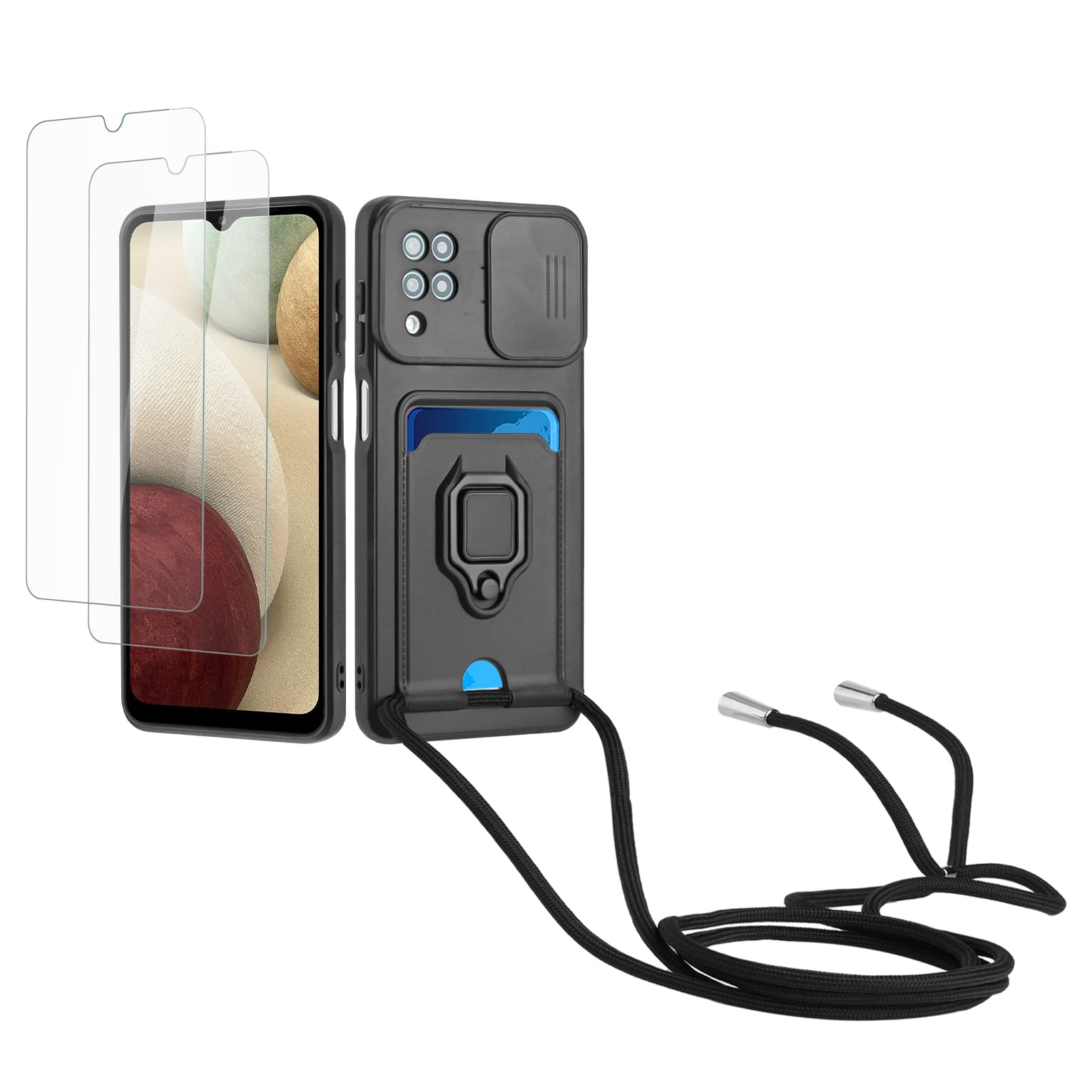 Kaslly Funda con Cuerda para Samsung Galaxy A35+[2 Pack Protector Pantalla],Case con Ranura para Tarjetas,Cubierta de Cámara Deslizante Proteger,Doble Cara Protección-Negro — view 64