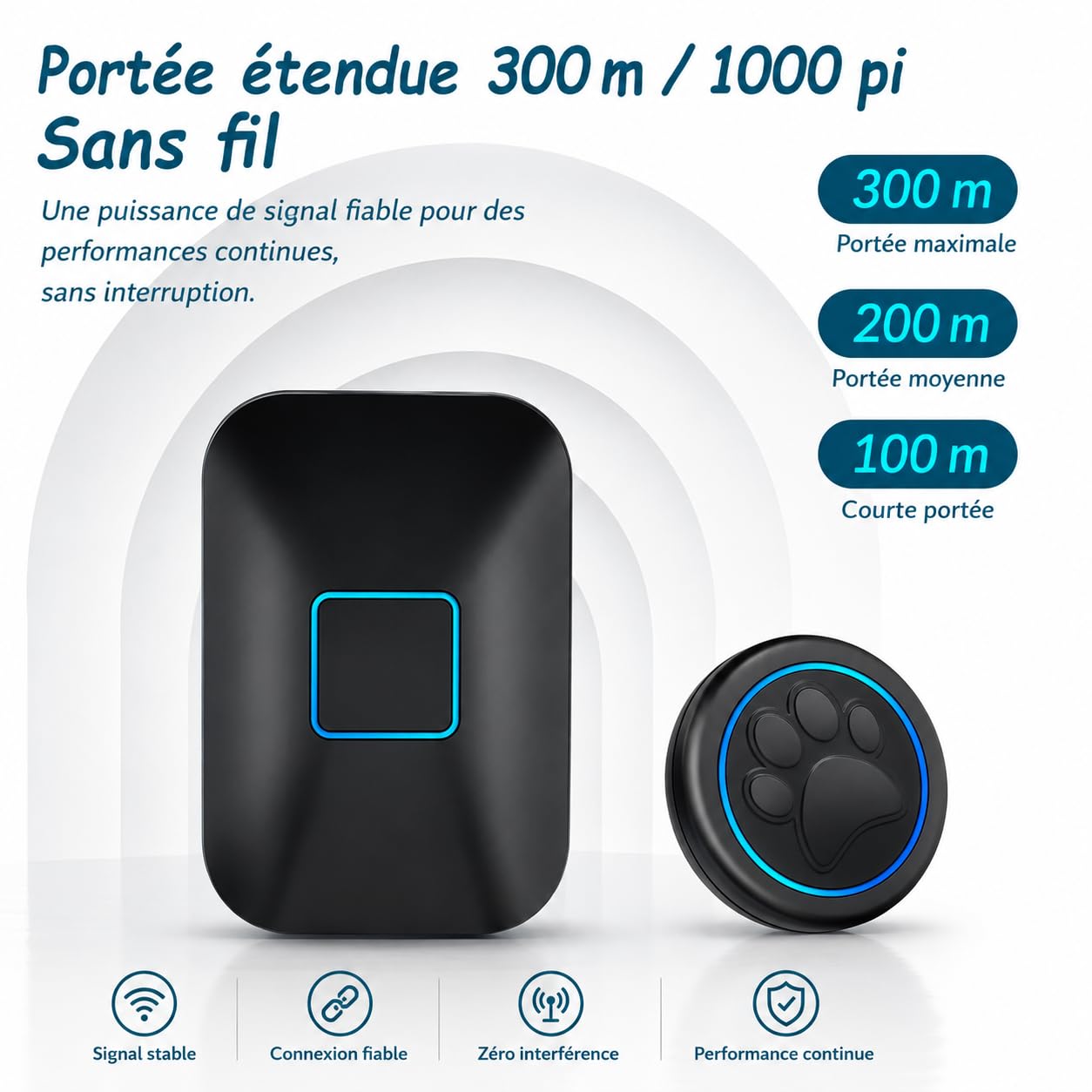 A88 Blk Sonnette Chien Tactile (1 Sonnette et 1 récepteur) | Sonnette sans fil 300 m, LED, 60 mélodies, étanche IP65; bouton sensible pour apprentissage de la propreté