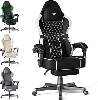 Soontrans Silla Gaming con Cojín Lumbar Masajeador, Silla Gamer con Reposacabezas, Reposapiés, Cadeira Gaming, Cuero sintético, Sillas Gaming Altura Ajustable para Juegos, 136kg (Blanco&Negro)