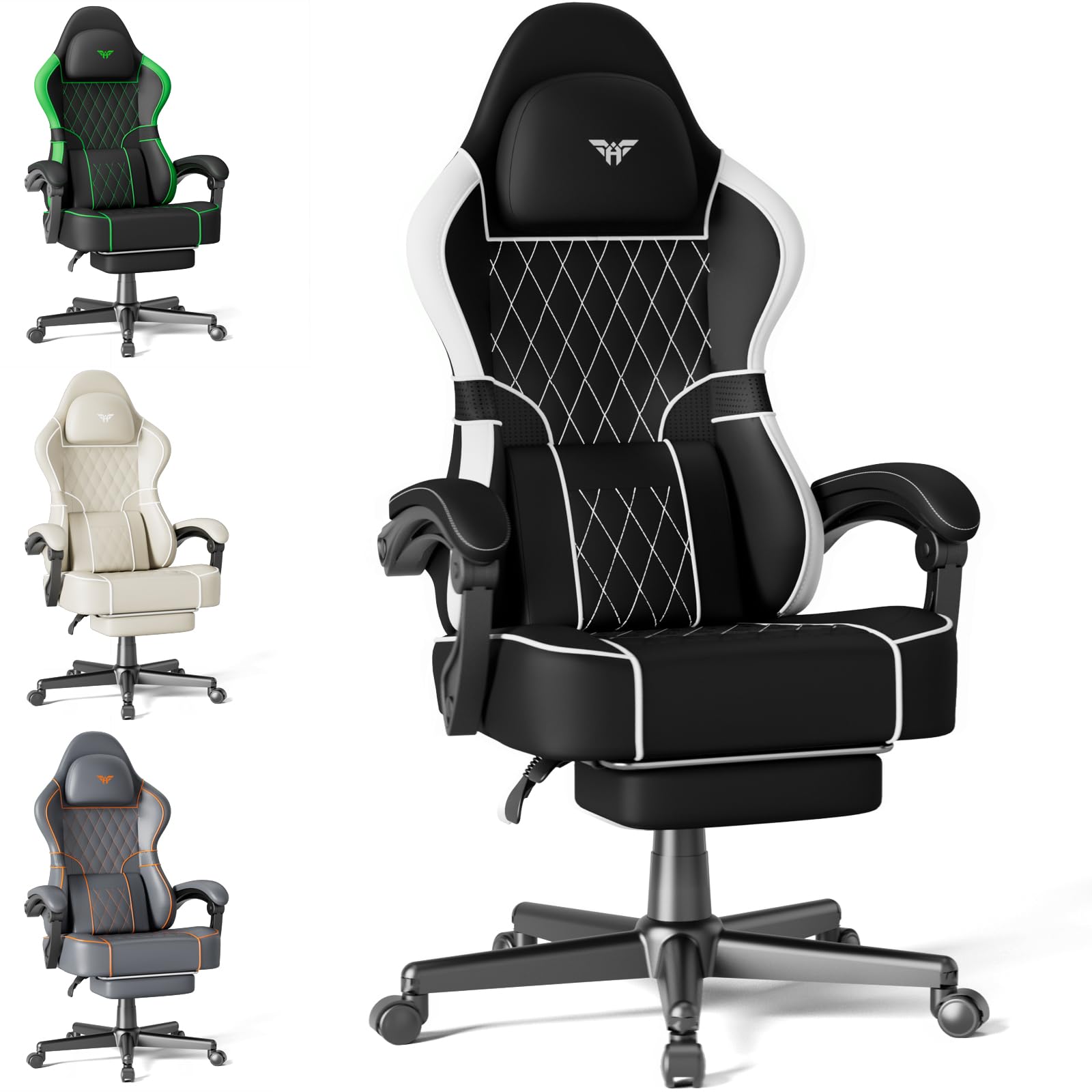 Soontrans Silla Gaming con Cojín Lumbar Masajeador, Silla Gamer con Reposacabezas, Reposapiés, Cadeira Gaming, Cuero sintético, Sillas Gaming Altura Ajustable para Juegos, 136kg (Blanco&Negro)