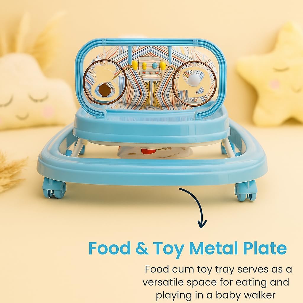 Blushbaby 360° Baby Walker for 6-18 Months | 5-Height Adjustable Activity Walker with Cushioned Seat, Meal Tray & Toy Bar | Foldable & Lightweight Walker for Boys & Girls (Sky Blue) 4