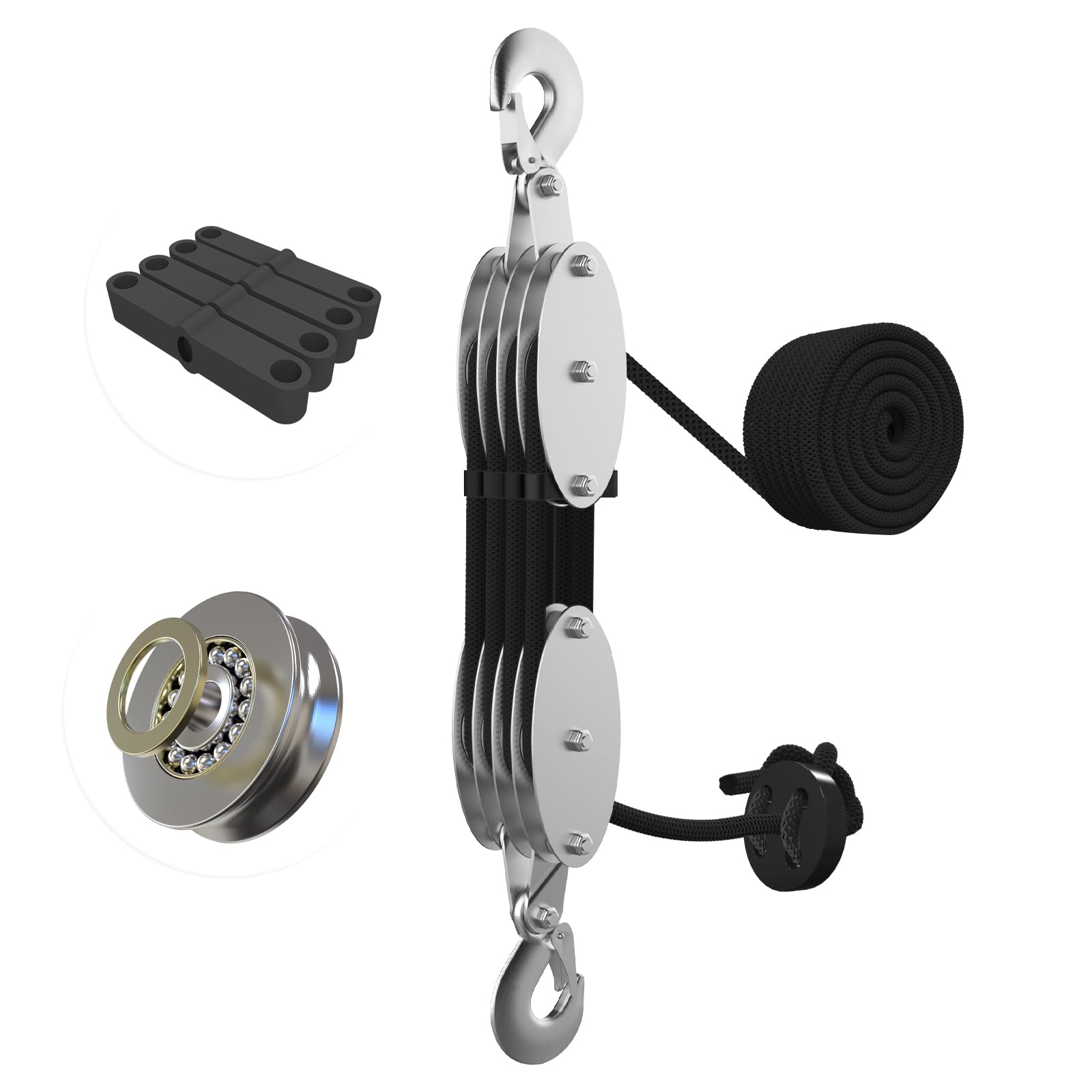 Rope Hoist Pulley System with Metal Bearing Rope Guide, 4400LB Pulley Block and Tackle, 8:1 Ratio Lifting Power 65ft, Heavy Duty Pulley Block for Hunting Lifting Garage Warehouses Building