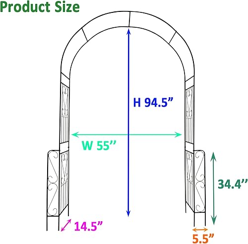 Miniatura 6 de eLeGreen Arco de jardín de metal, montaje libre, enrejado de árbol para plantas trepadoras, soporte de arco de rosas, para decoración de jardín,