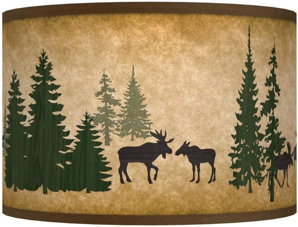 Drum Print Lamp Shade (Pre-Assembled) Moose Lodge Brown Green Medium 12" Top x 12" Bottom x 8.5" High Spider with Replacement Harp and Finial Fitting - Giclee Glow
