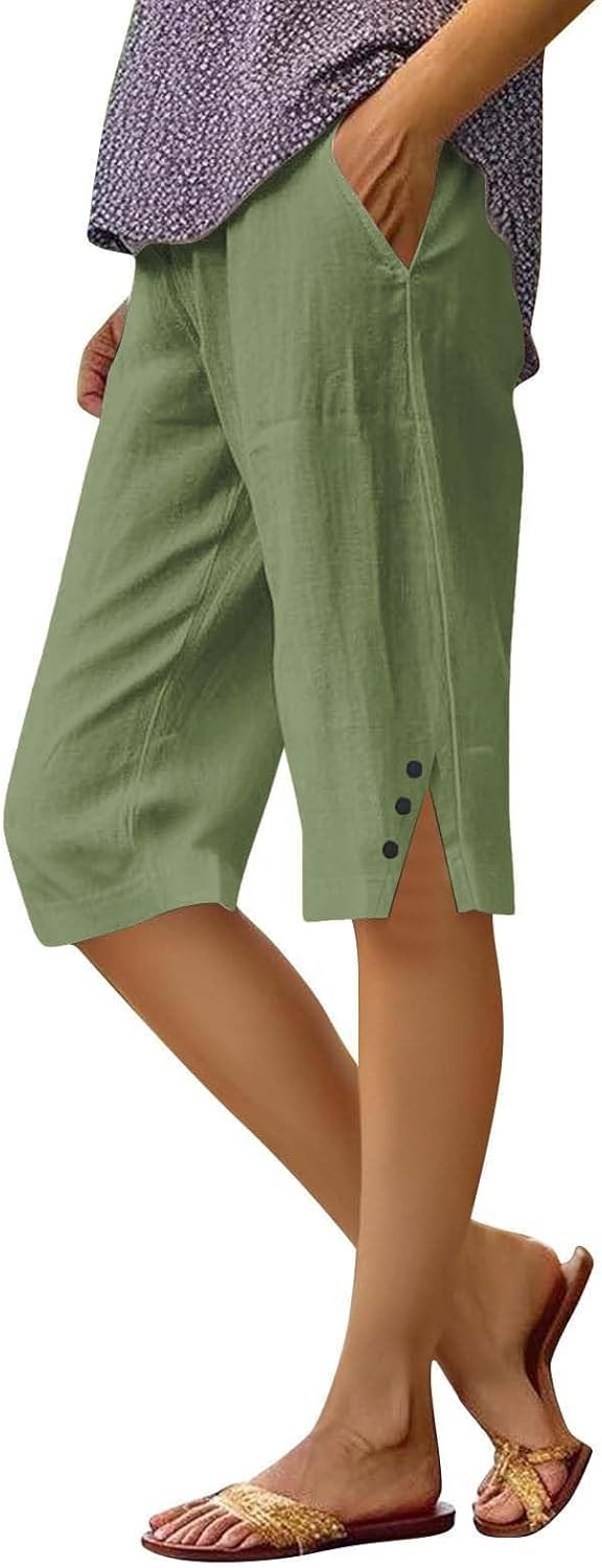Linen Bermuda Shorts for Women Knee Length Casual Summer Capri Pants Lightweight Beach Capris with Pockets