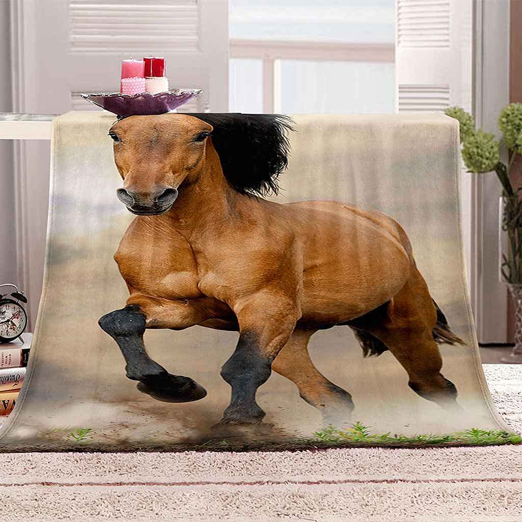 Couverture cheval en flanelle 150x200cm plaid microfibre animal brun pour lit et canapé