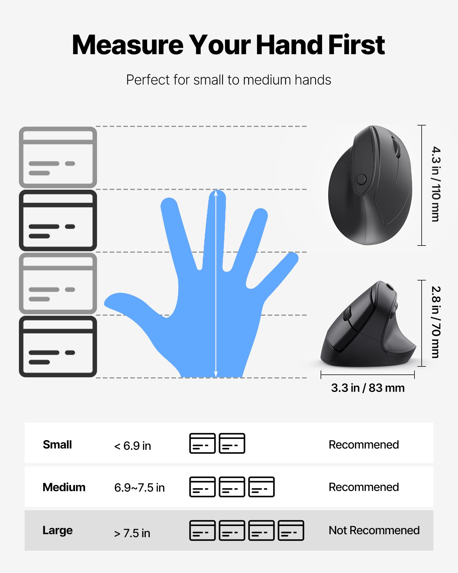 Mouse ergonomico, mouse verticale wireless Bluetooth con doppia connessione (Bluetooth 5.0 e USB-A), mouse ergonomico silenzioso per Windows Mac iPad OS, PC portatile, nero